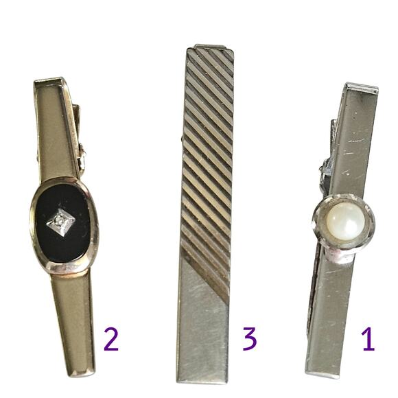3 Vintage Anson Sterling Silver Men's Tie Bar Clip Clasp Bundle 1 Genuine Pearl - Picture 1 of 7
